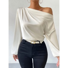 Solid One-shoulder Skew Neck Blouse, Elegant Long Sleeve Blouse For Spring & Fall, Women's Clothing