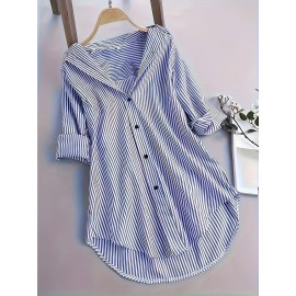 Stripe Print Polo Collar Button Shirt, Casual Long Sleeve Shirt For Spring & Fall, Women's Clothing