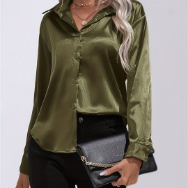 Solid Smoothly Shirt, Elegant Button Front Turn Down Collar Long Sleeve Shirt, Women's Clothing