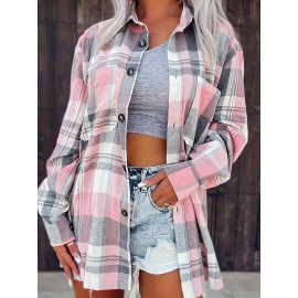 Plaid Print Simple Shirt, Casual Button Front Long Sleeve Shirt, Women's Clothing