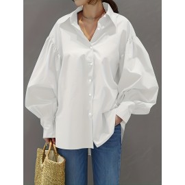 Solid Button Front Shirt, Stylish Lantern Sleeve Shirt For Spring & Fall, Women's Clothing