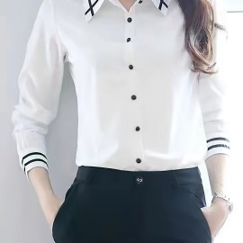 Contrast Trim  Button Front Shirt, Casual Long Sleeve Shirt For Spring & Fall, Women's Clothing