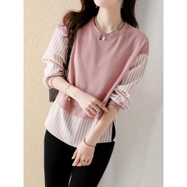 Contrast Striped Crew Neck Blouse, Elegant Long Sleeve Split Side Blouse For Spring & Fall, Women's Clothing