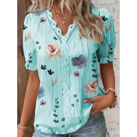 Floral Print V Neck Lace Trim Blouse, Boho Puff Sleeve Blouse For Summer, Women's Clothing