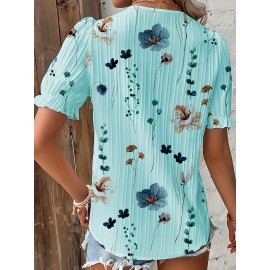 Floral Print V Neck Lace Trim Blouse, Boho Puff Sleeve Blouse For Summer, Women's Clothing