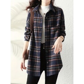 Plaid Print Button Front Shirt, Elegant Long Sleeve Lapel Shirt, Women's Clothing