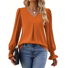 Solid V Neck Simple Blouse, Elegant Long Sleeve Ruched Blouse, Women's Clothing