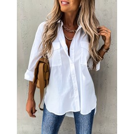 Button Front Long Sleeve Shirt, Casual Solid Office Shirt With Collar, Women's Clothing