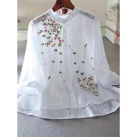 Eyelet Floral Blouse, Elegant Button Front Blouse For Spring & Summer, Women's Clothing