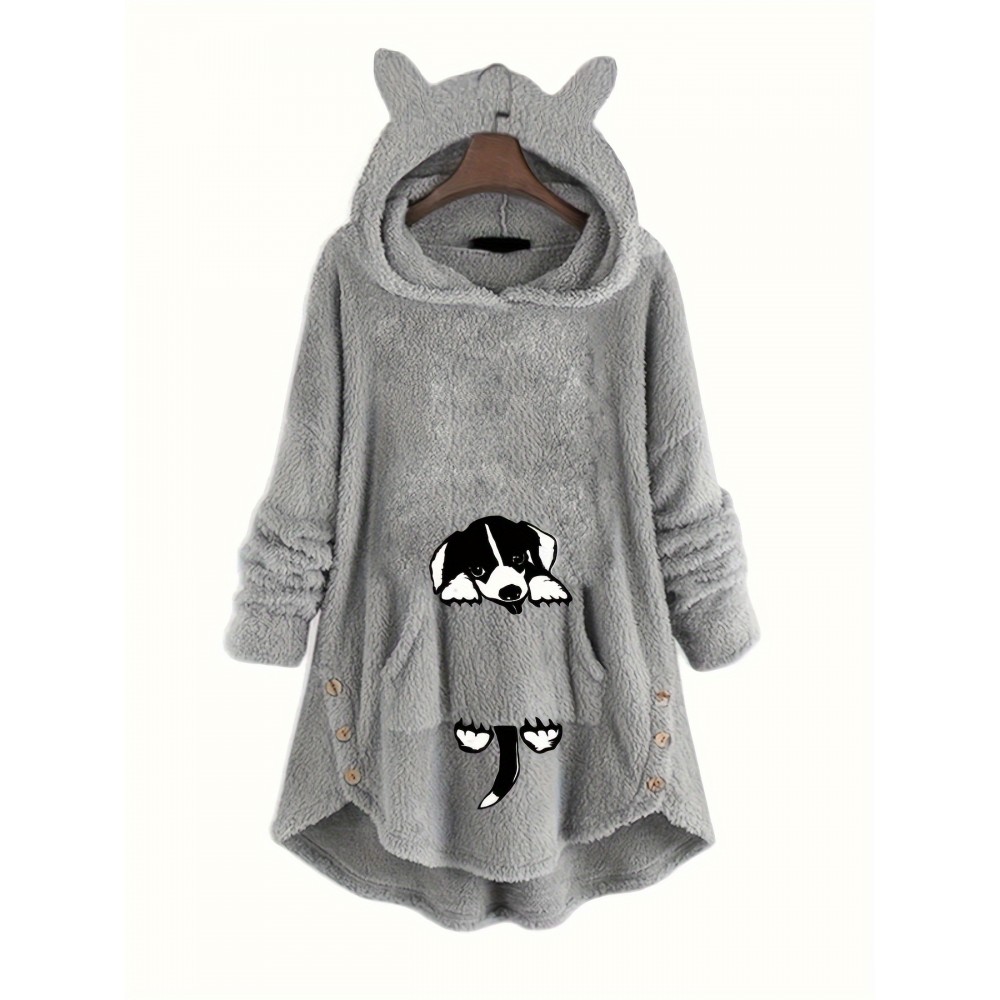 Cat Pattern Print Asymmetrical Loose Hoodie, Casual Printed Long Sleeve Hoodie, Women's Clothing