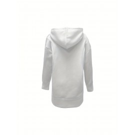 Solid Color Kangaroo Pocket Hoodie, Casual Long Sleeve Thigh Length Drawstring Hoodie Sweatshirt, Women's Clothing