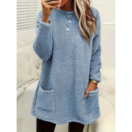 Solid Fuzzy Sweatshirts, Casual Crew Neck Long Sleeve Sweatshirt With Pockets, Women's Clothing