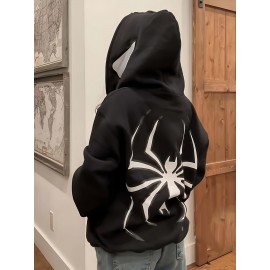 Spider & Letter Print Zip-up Hoodie, Casual Long Sleeve Hoodie Jacket, Women's Clothing