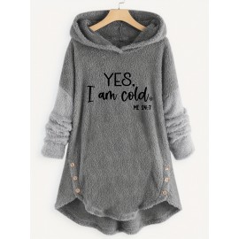 Letter Print Fleece Loose Hoodie, Casual Button Long Sleeve Warm Sweatshirt, Women's Clothing