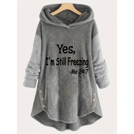 Letter Print Fuzzy Hoodie, Winter & Fall Oversized Casual Hooded Sweatshirt, Women's Clothing