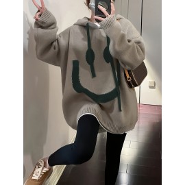 Smile Face Print Drawstring Hoodie, Casual Long Sleeve Drop Shoulder Top, Women's Clothing