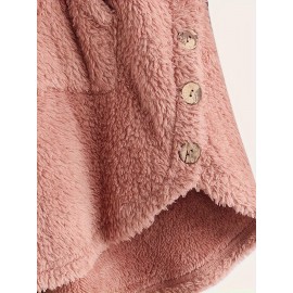 Cat & Butterfly Print Teddy Hoodie, Casual Long Sleeve Kangaroo Pocket Hoodie Sweatshirt, Women's Clothing