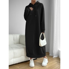 Solid Drawstring Hooded Dress, Casual Long Sleeve Loose Dress, Women's Clothing