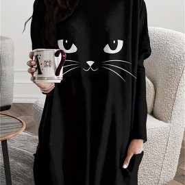 Cat Print Crew Neck Baggy Dress, Casual Long Sleeve Pocket Dress For Spring & Fall, Women's Clothing