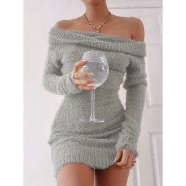 Off Shoulder Fuzzy Dress, Casual Long Sleeve Bodycon Dress, Women's Clothing