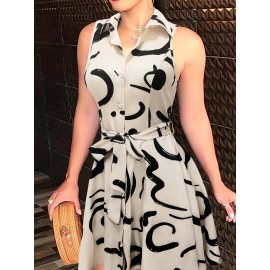 Abstract Print Button Front Sleeveless Dress, Casual Tie-waist Lapel Dress For Spring & Summer, Women's Clothing