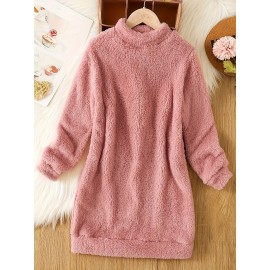 Solid Fuzzy Mock Neck Dress, Casual Long Sleeve Dress For Fall & Winter, Women's Clothing