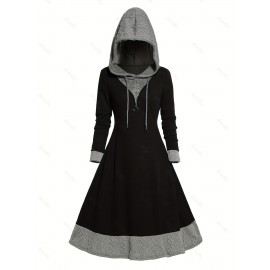 Contrast Trim Drawstring Hooded Dress, Casual Long Sleeve Dress For Spring & Fall, Women's Clothing