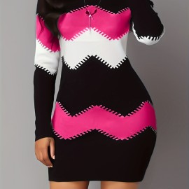 Color Block Simple Dress, Casual Long Sleeve Bodycon Mini Dress, Women's Clothing