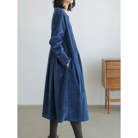 Ruched Solid Midi Dress, Casual Crew Neck Long Sleeve Dress, Women's Clothing