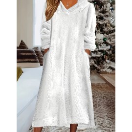 Teddy Hooded Dress, Casual Long Sleeve Winter Warm Dress, Women's Clothing