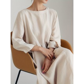 Solid Pleated Hem Maxi Dress, 3/4 Sleeve Loose Crew Neck Dress, Casual Dresses For Spring & Fall, Women's Clothing