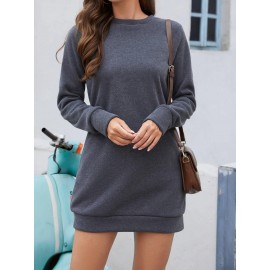 Casual Crew Neck Sweatshirt Dress, Long Sleeve With Pocket Sweatshirt Dresses , Women's Clothings