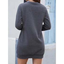 Casual Crew Neck Sweatshirt Dress, Long Sleeve With Pocket Sweatshirt Dresses , Women's Clothings