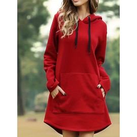 Solid Drawstring Pocket Hooded Dress, Casual Long Sleeve Dress For Spring & Fall, Women's Clothing