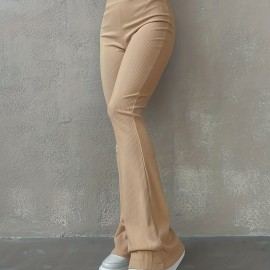 Solid Ribbed Flare Leg Pants, High Waist Slim Elastic Pants, Women's Clothing