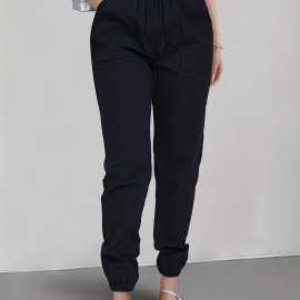 Solid Drawstring Patched Pockets Pants, Casual Sporty Pants For Spring & Summer, Women's Clothing