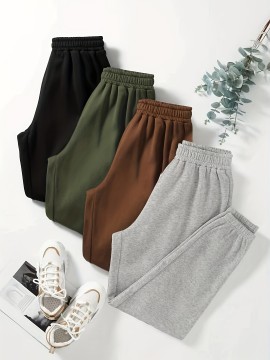 Solid Jogger Pants 4 Pack, Casual Elastic Waist Sporty Pants, Women's Clothing