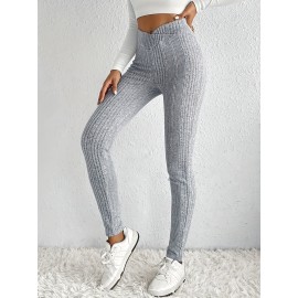 Solid Rib Knit Skinny Pants, Casual Crisscross Waist Daily Pants, Women's Clothing