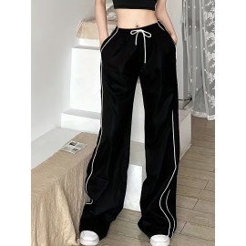 Contrast Binding Drawstring Waist Pants, Y2K Slant Pocket Baggy Pants, Women's Clothing