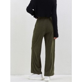 Solid Corduroy Straight Leg Pants, Casual High Waist Loose Pants With Pocket, Women's Clothing