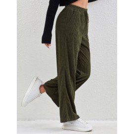 Solid Corduroy Straight Leg Pants, Casual High Waist Loose Pants With Pocket, Women's Clothing