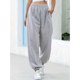 Women's Solid Elastic Sweatpants, Casual High Waist Sweatpants, Casual Every Day Pants, Women's Clothing