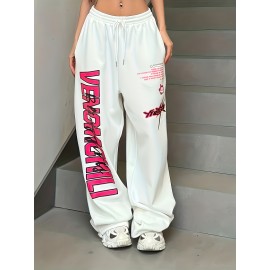 Letter Print Drawstring Waist Loose Pants, Casual Hip-hop Streetwear Pants, Women's Clothing
