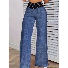 Cross Waist Wide Leg Pants, Casual Loose Mesh Stitching Pants, Women's Clothing