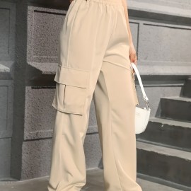 Straight Leg Cargo Pants, Y2K High Waist Solid Pants For Spring & Fall, Women's Clothing