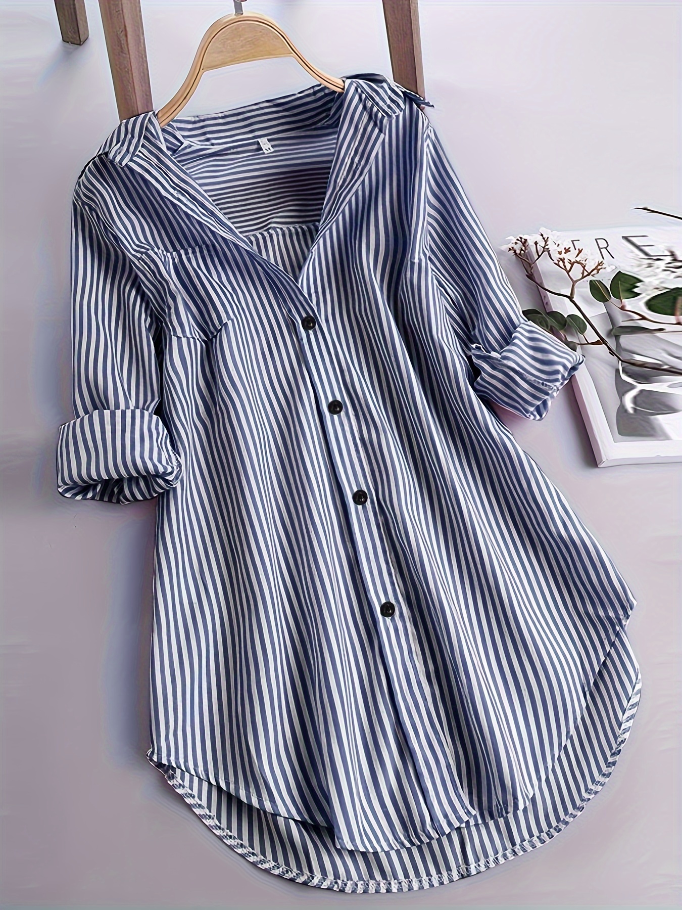 stripe print polo collar button shirt casual long sleeve shirt for spring fall womens clothing details 3