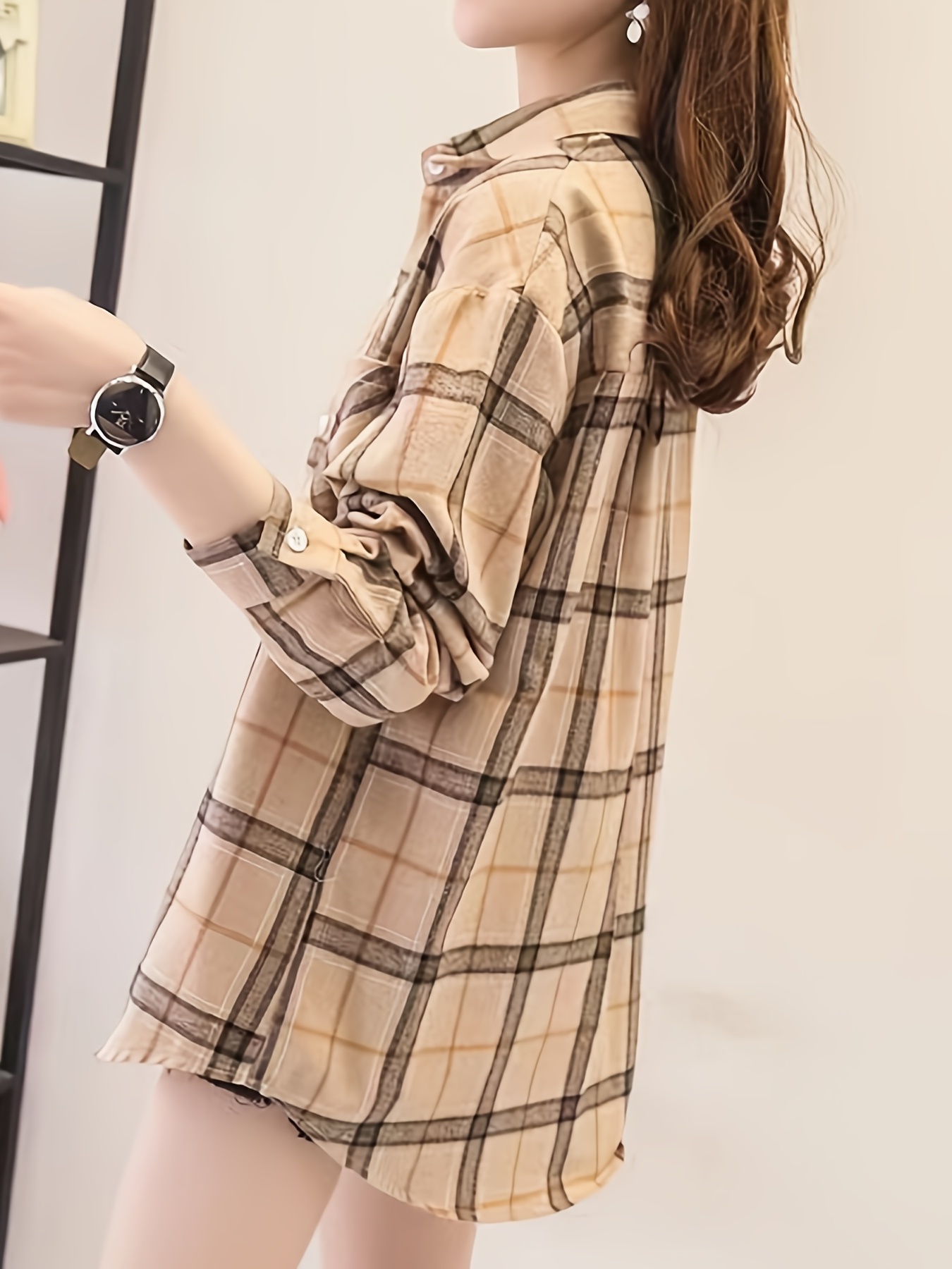 plaid pocket drop shoulder shirt button long sleeve shirt casual every day tops womens clothing details 5