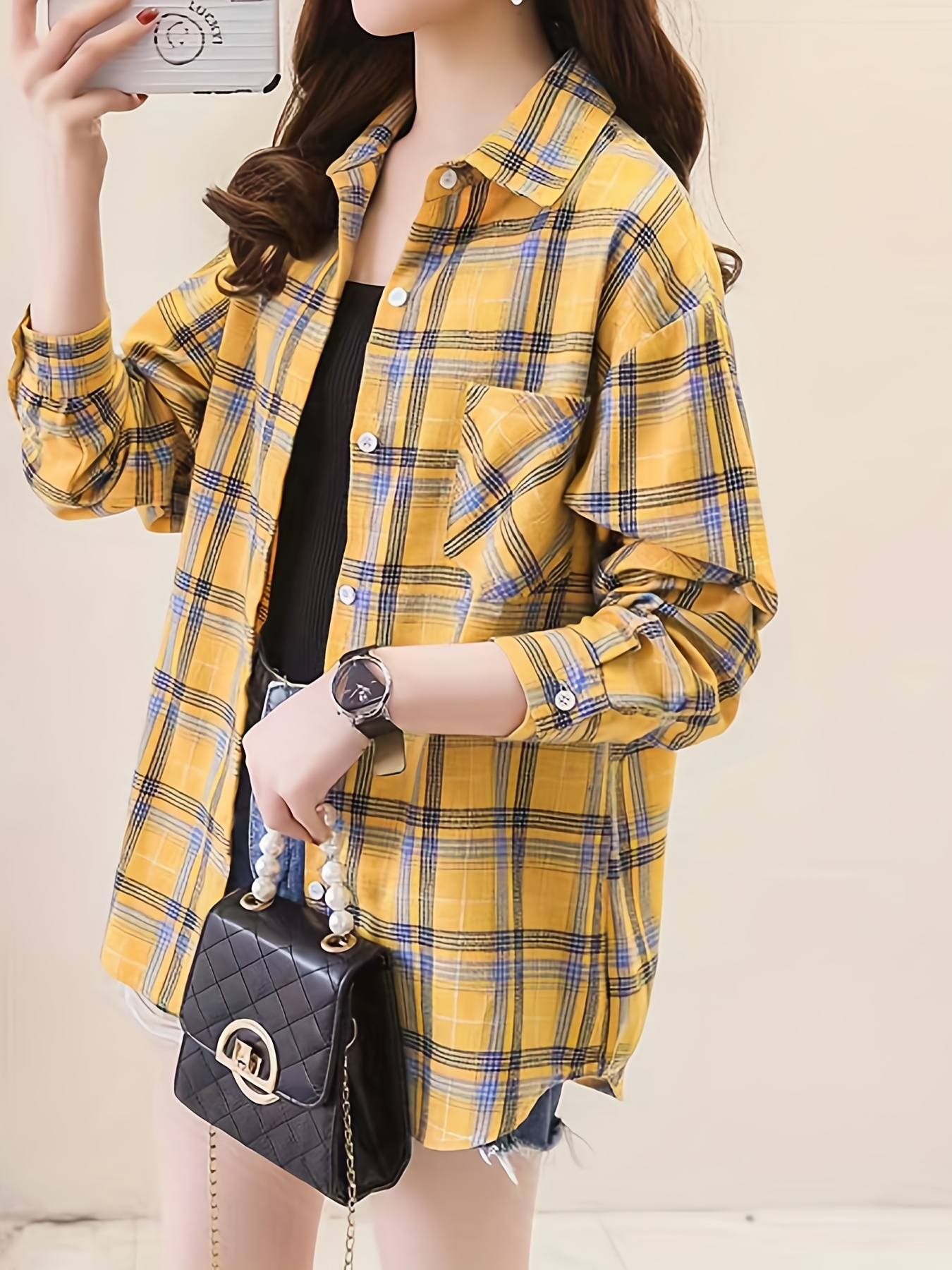 plaid pocket drop shoulder shirt button long sleeve shirt casual every day tops womens clothing details 8