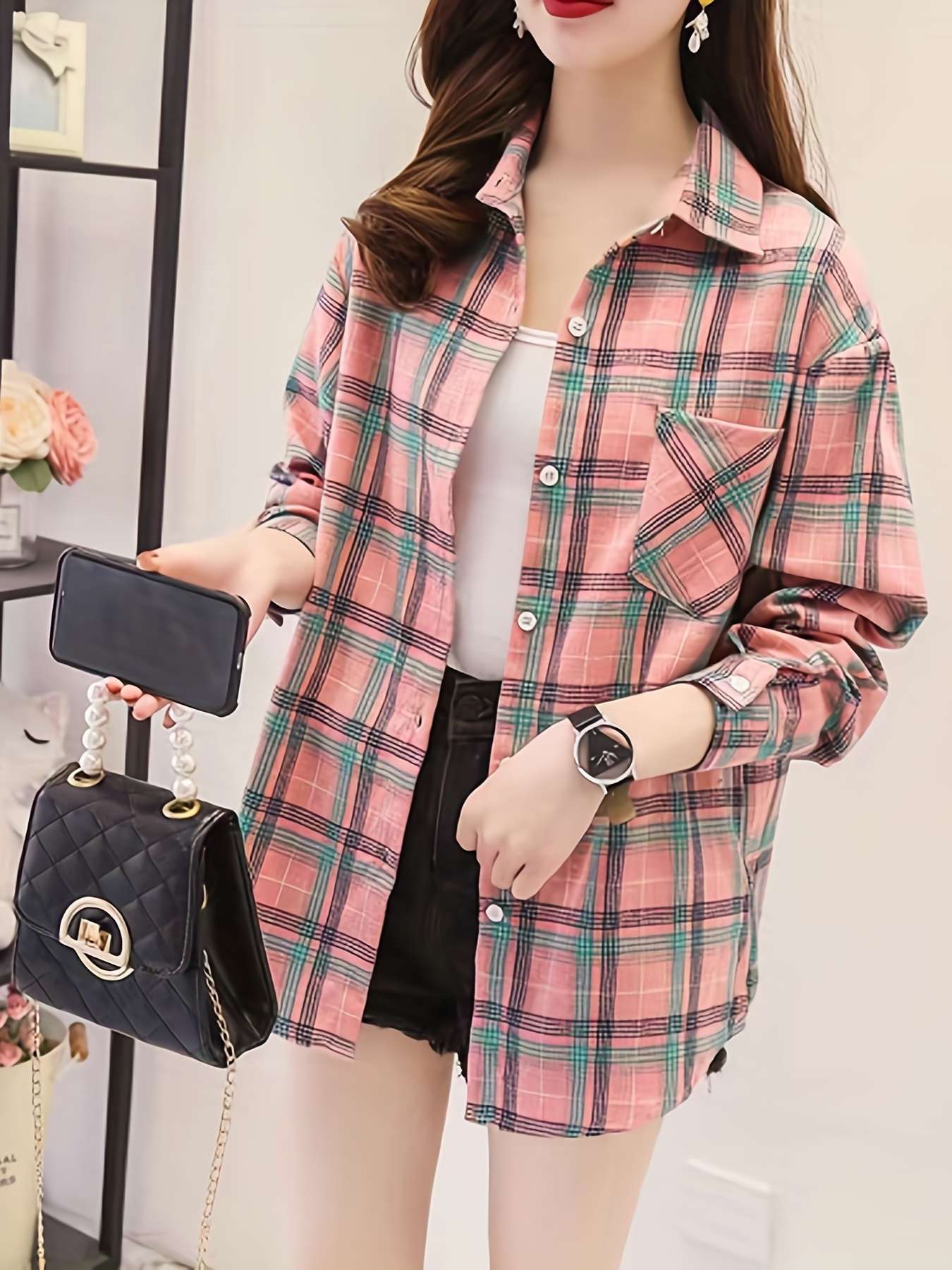 plaid pocket drop shoulder shirt button long sleeve shirt casual every day tops womens clothing details 10