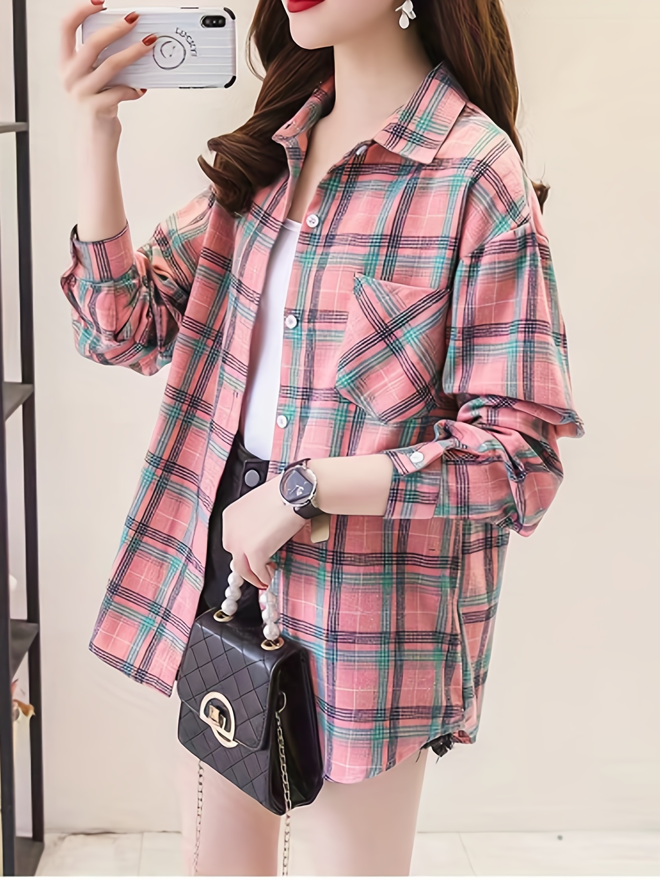 plaid pocket drop shoulder shirt button long sleeve shirt casual every day tops womens clothing details 11